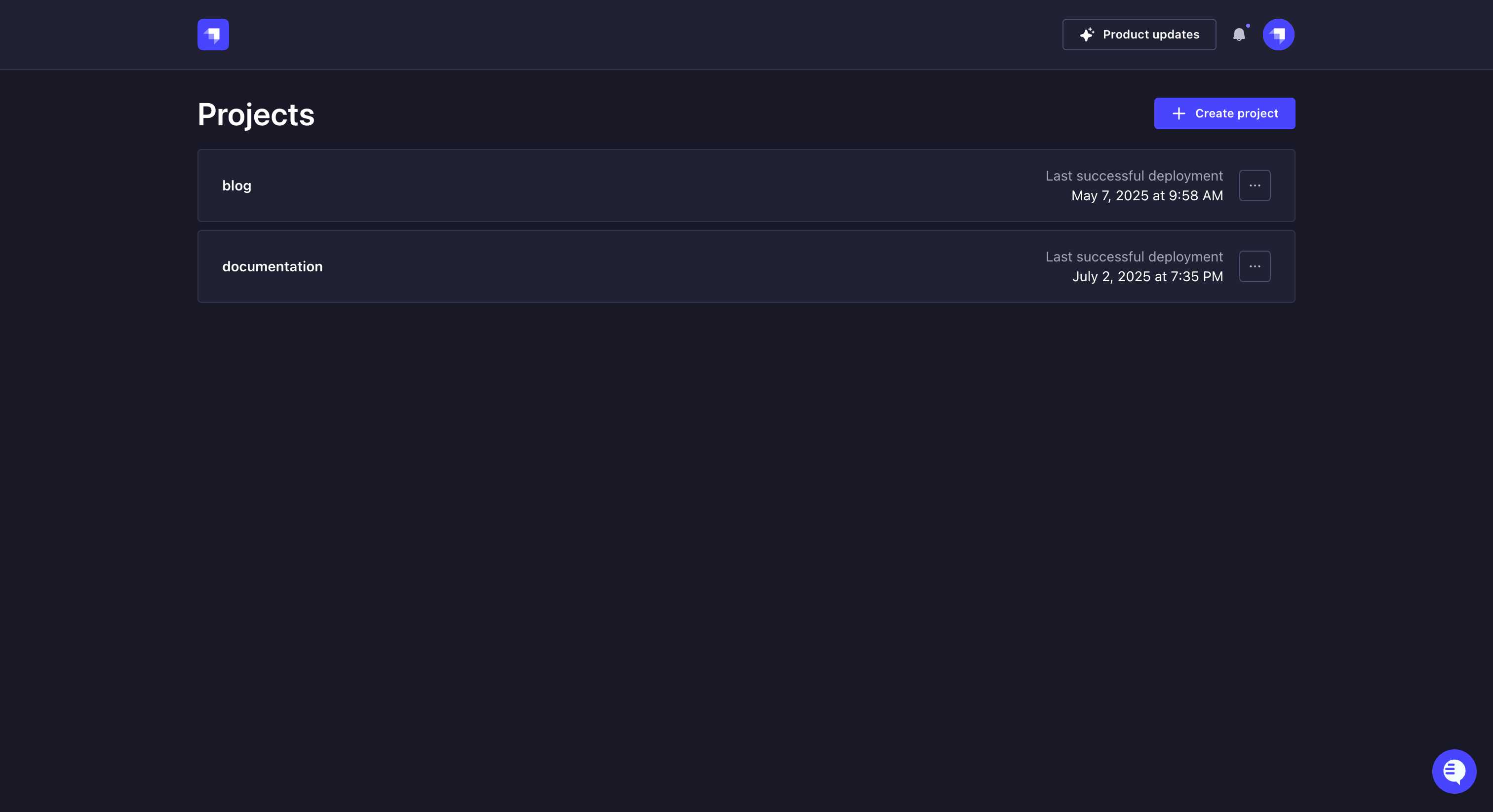 Projects page - List